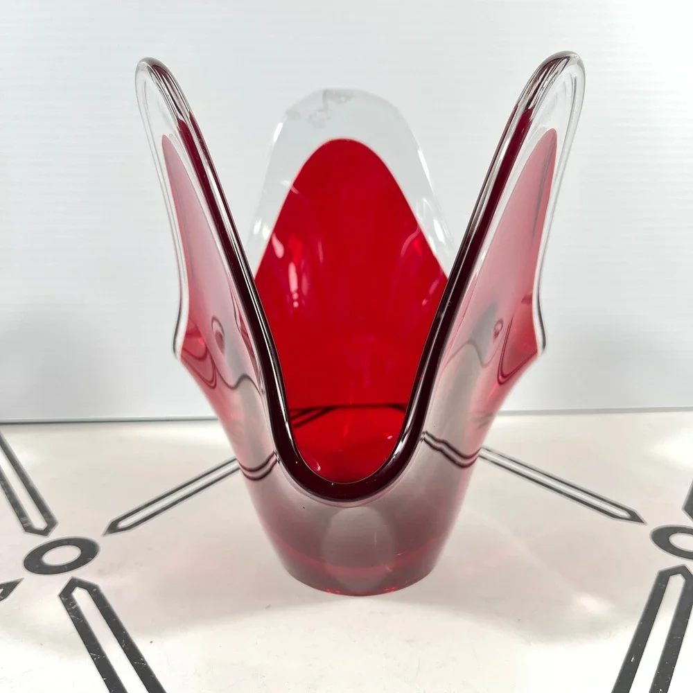 VTG‎ Murano Style Ruby Red Handkerchief Art Glass Vase Mid-Century Modern 7.25